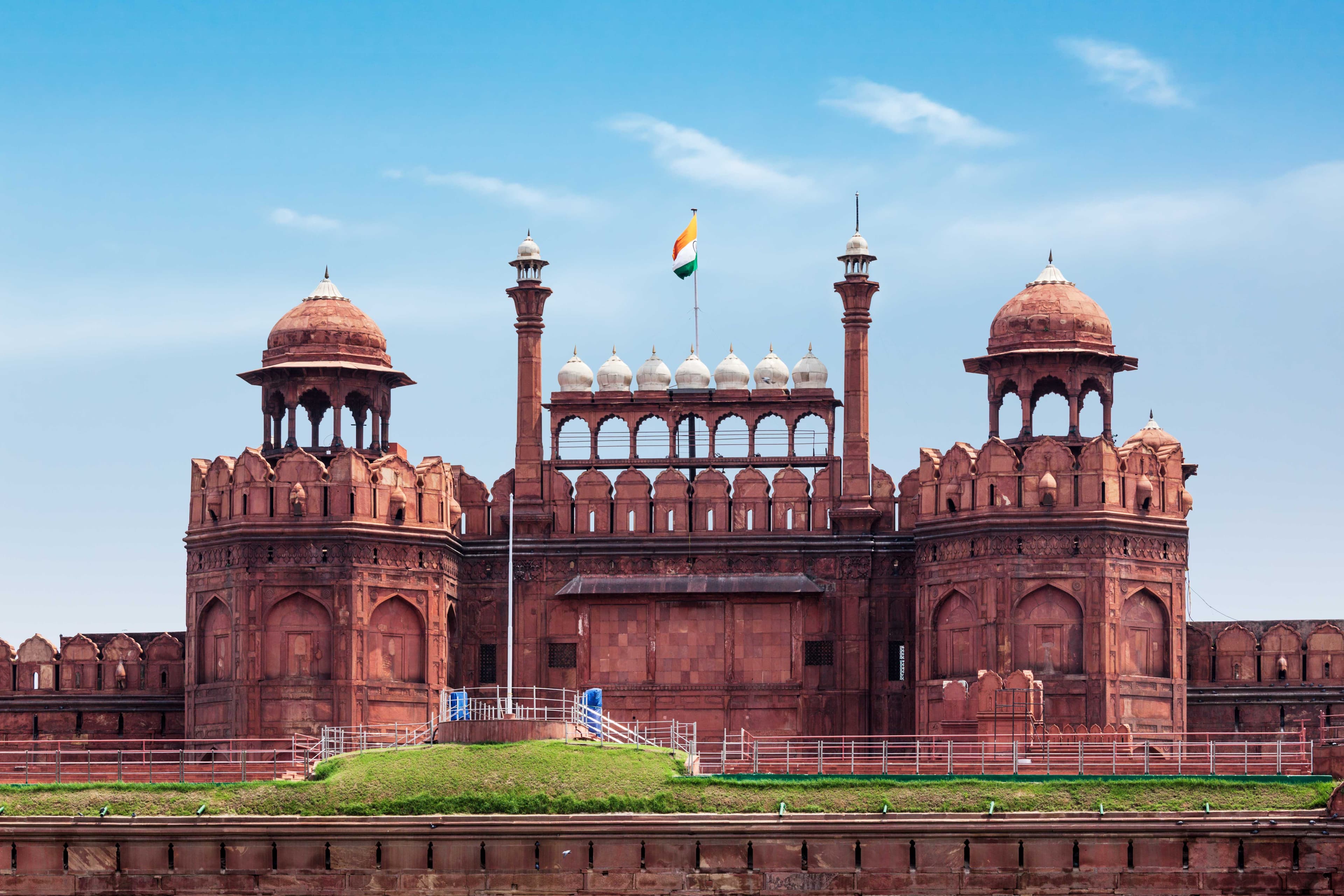View of Indian city through ornate Mughal archway